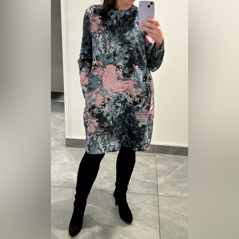 COS Pink and Blue Abstract Print Long Sleeve Shift Dress